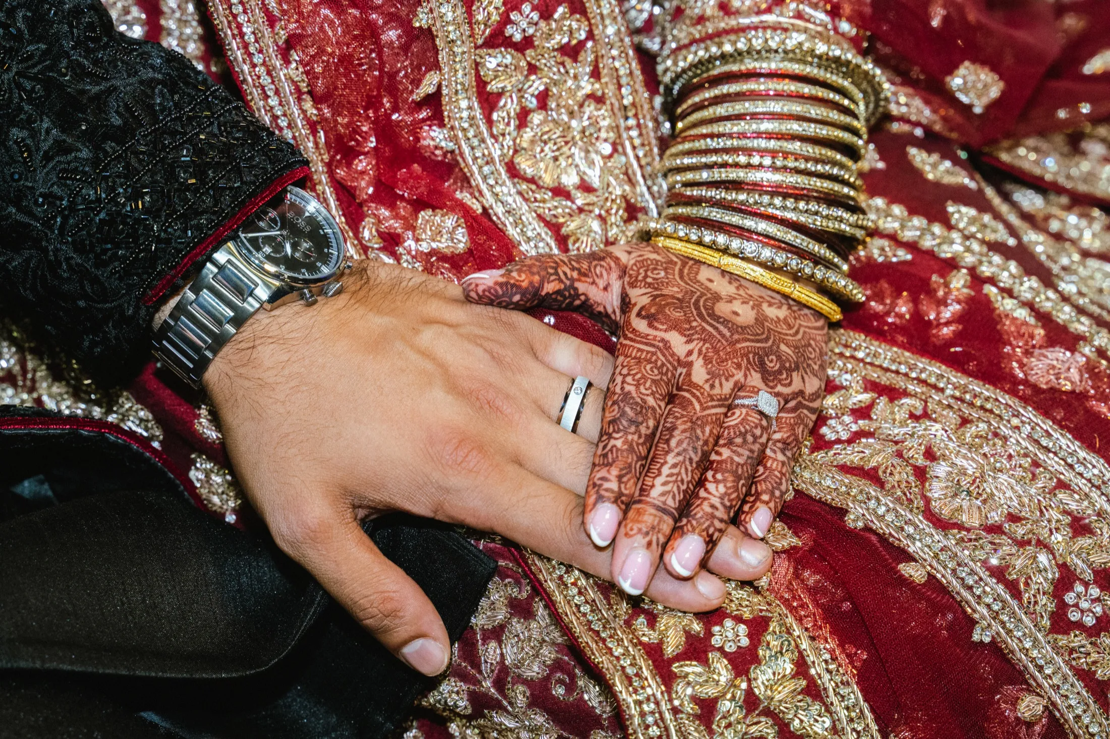 Wedding hands, bangles and watch detail